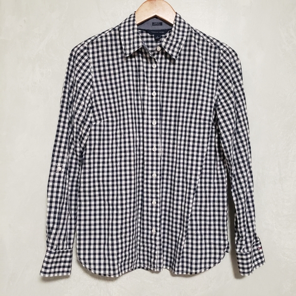 Tommy Hilfiger Classic Fit Black White Gingham Plaid Roll Tab Button Down Shirt - Picture 1 of 14